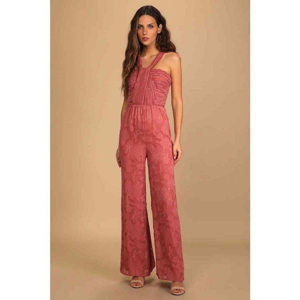 Lulus Lovely Celebration Rose Pink Floral Burnout Chiffon Jumpsuit  NWT SOLD OUT